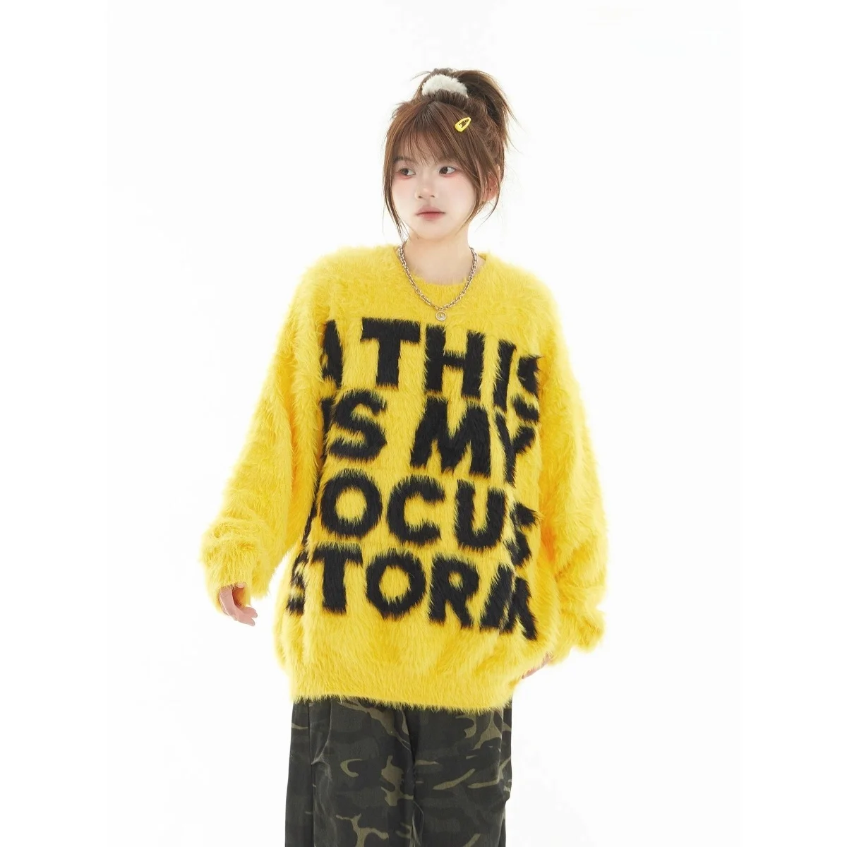 

Американский ретро норковый свитер с буквами для пары, свободный осенне-зимний ленивый универсальный повседневный вязаный верхняя часть тела из мягкого полиэстера F...