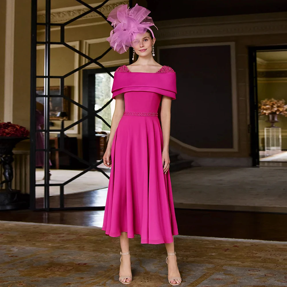 

Изысканное платье для матери невесты на заказ, миди, А-силуэт, длиной до колена, ярко-розовое, для свадебных гостей, короткое шифоновое платье с жемчугом для вечеринок