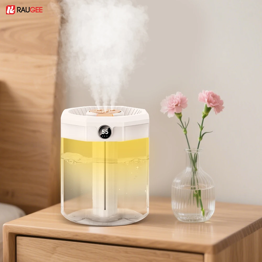 مرطب هواء بسعة كبيرة 2 لتر لغرفة النوم، موزع زيت أساسي USB، ثلاثة منافذ رذاذ للمنزل مع ضوء ليلي