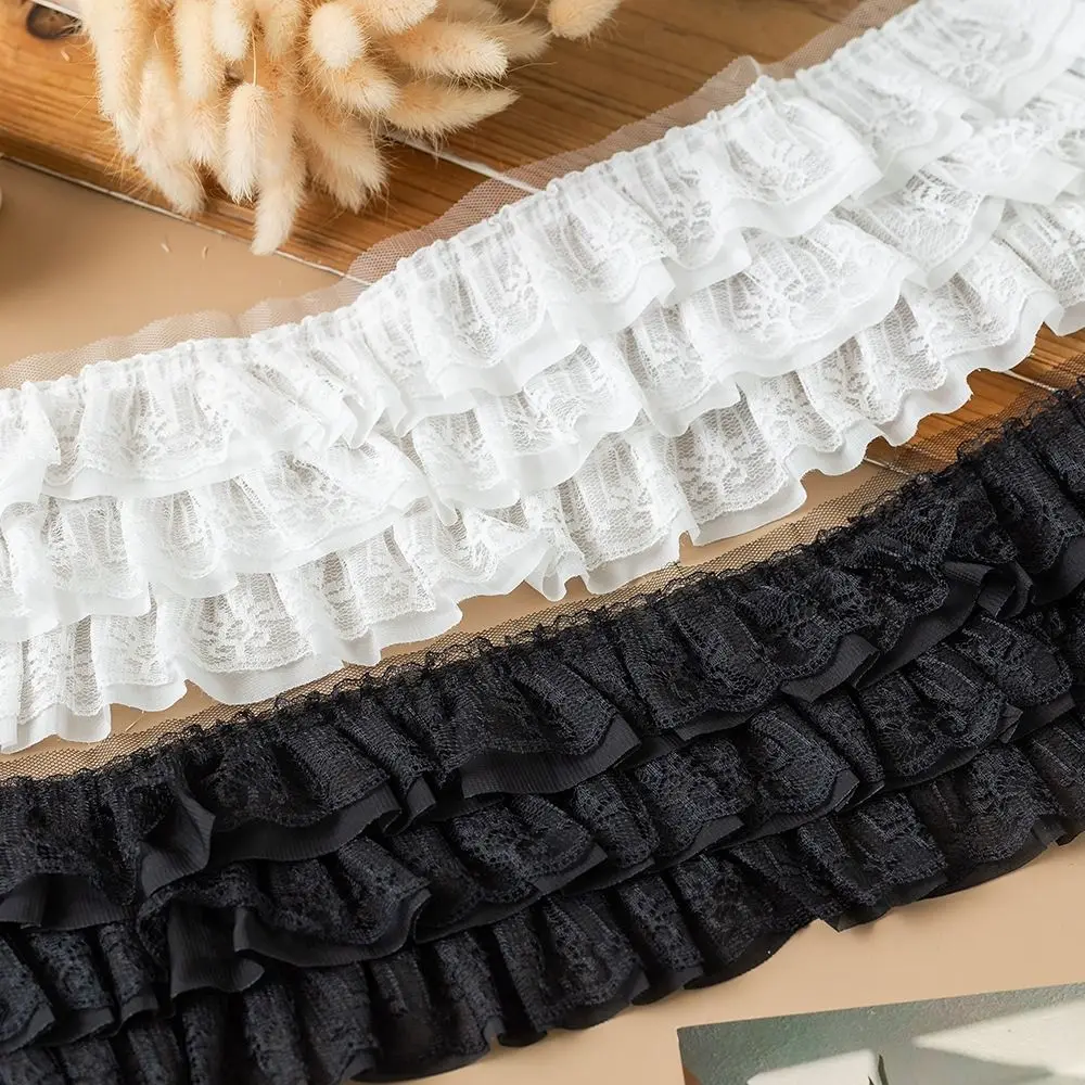 New High Quality 13CM Wide 3D Pleated Mesh Chiffon Fabric White Black Three Layers Ruffled Lace Trims Lace Fabric Triming DIY