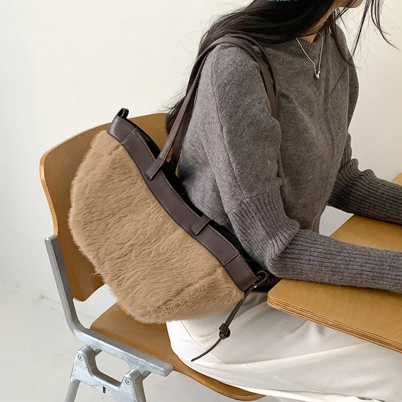 

Winter Long Shoulder Strap Bag With Fur Trim, Large Capacity Patchwork Design, Commuter Plush Tote Bag Wing Shape Handbag