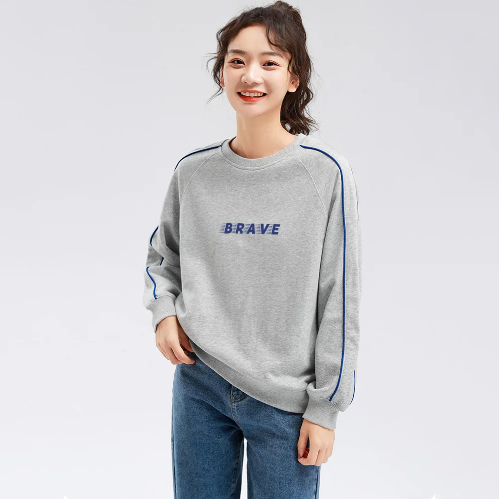 

New Women Spring Autumn Casual Sweatshirt Fashion O-Neck Raglan Sleeve Loose Pullovers Simplicity Letter Print Gray Sweatshirt