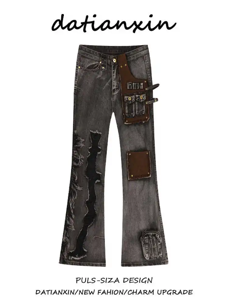 

Blue Womens Jeans High Waist Vintage Straight Y2K Summer Denim Pants Ripped Streetwear American Wide Leg Baggy Denim Trouser