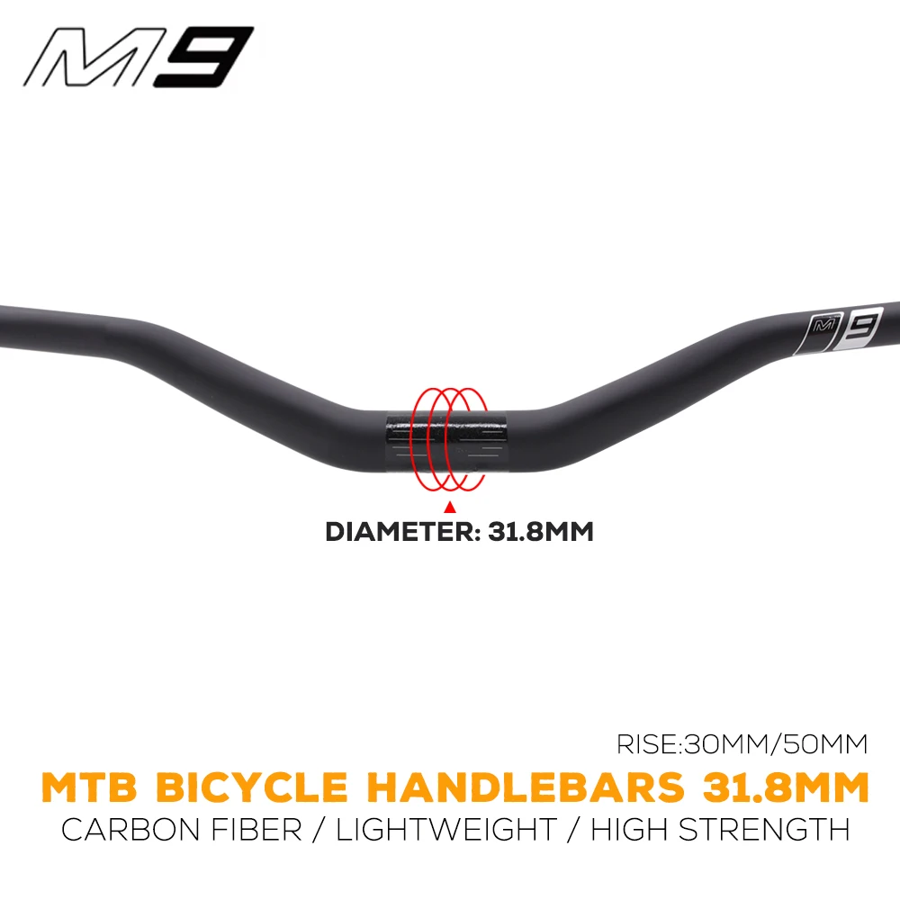 

M9 Carbon High Strength Lightweight Downhill MTB Handlebar 31.8mm Clamp 780/800mm Width 30/50mm Rise 8° Backsweep 4° Upsweep