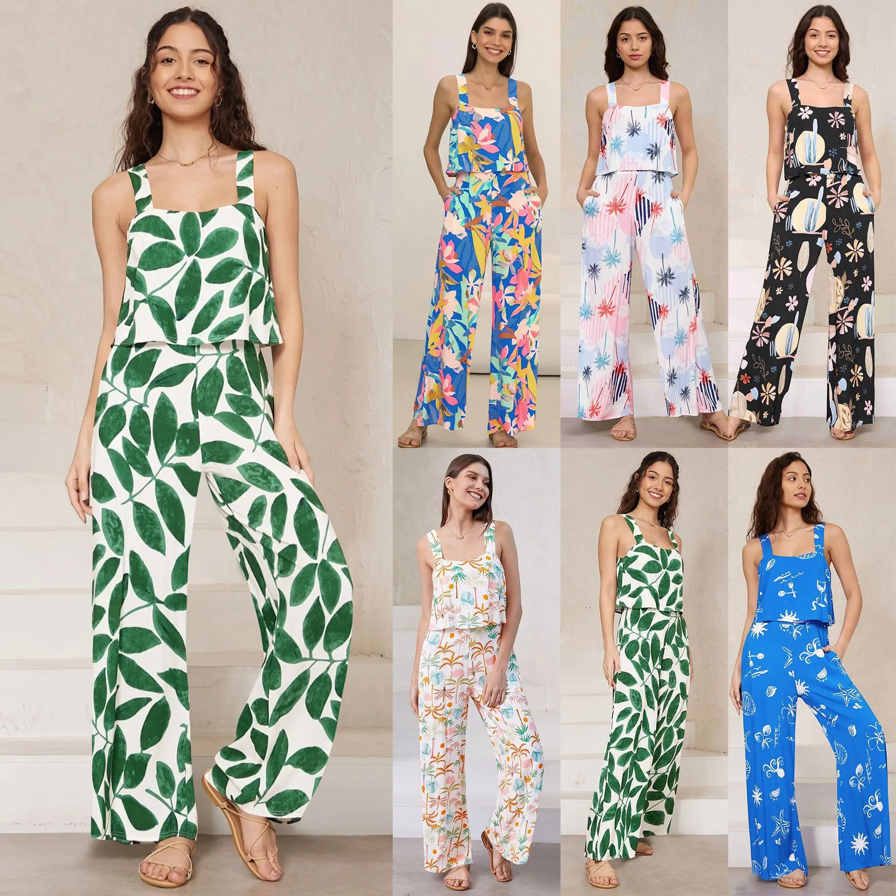 New Women's Summer Fashion Suspender Print Suit Jumpsuit Women's Casual Cargo Pants Office Ladies Elegant Bodysuit