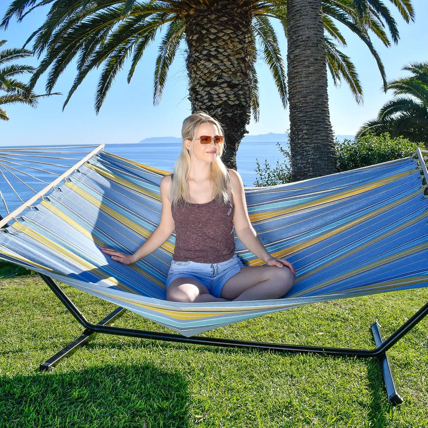 

Sports Hammo For 2 Persons, 5Ft Wide 420 Lbs Acity, Wooden Spreader For Outdoor Patio Yard Poolside, Blue Waves