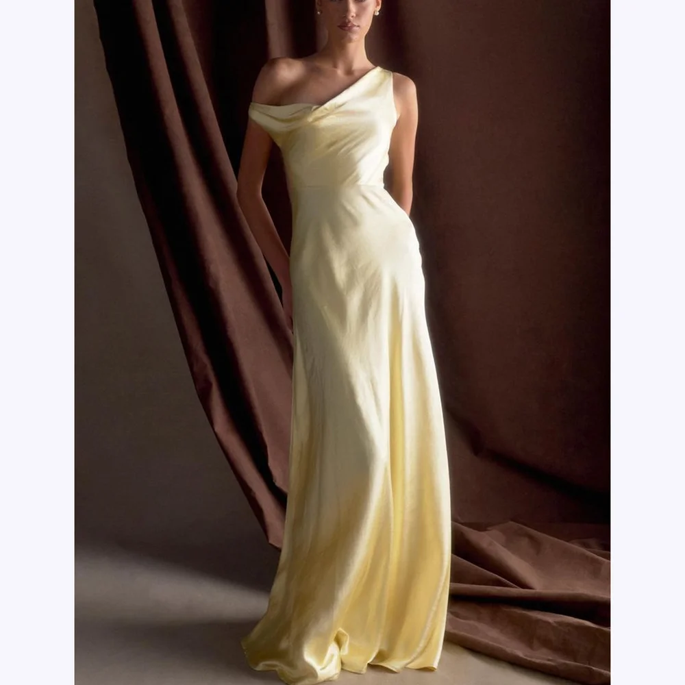 

Light Yellow Satin Prom Dresses Women Off The Shoulder Floor Length Exquisite Banquet Cocktail Party Prom Gown Fashion Classic