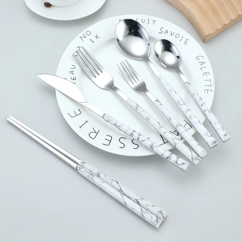 Stainless Steel Western Dining Set Korean Clip Handle Imitation Marble Patterned Steak Knife Fork Spoon Fruit Dessert Spoon