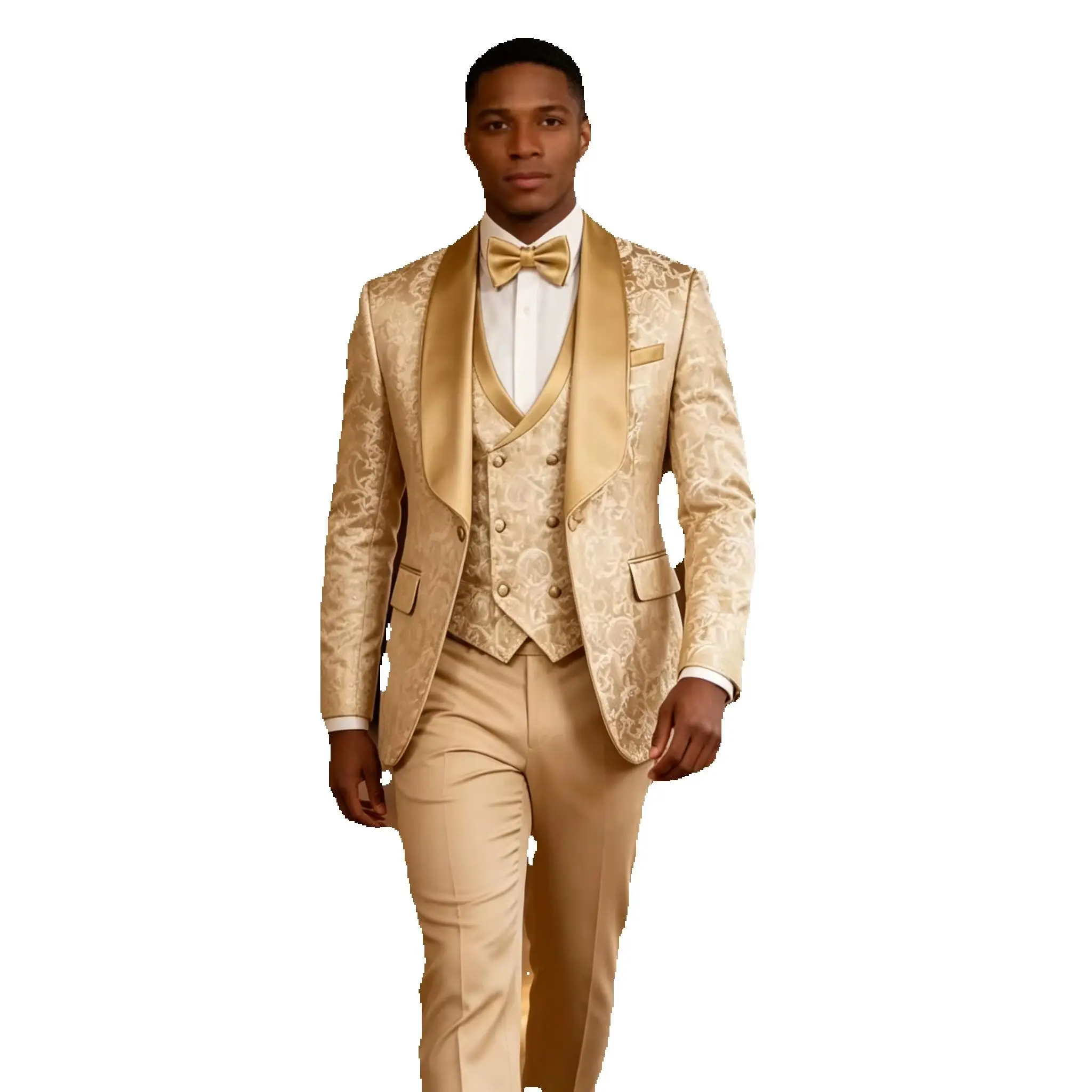

Elegant Champagne Jacquard 3 Piece Men Suits Formal Business Blazer with Shawl Lapel Wedding Groom Tuxedo Jacket Vest Pants