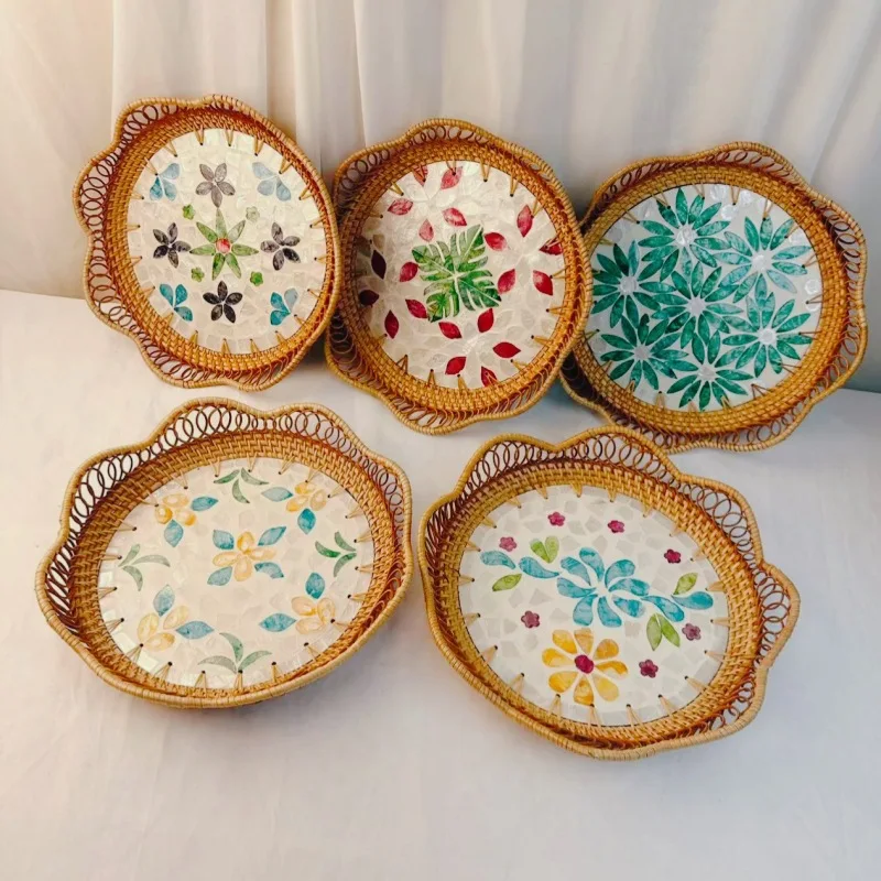 Autumn rattan woven fruit basket woven bread basket living room household storage basket dim sum round shell tray storage