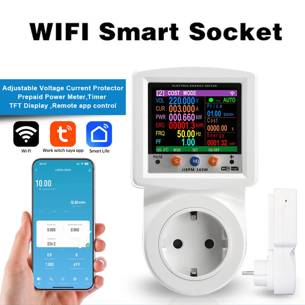 Smart Socket Type Power Meter Multifunction Energy Meter Color Display with Protection for Tuya APP Remote Control