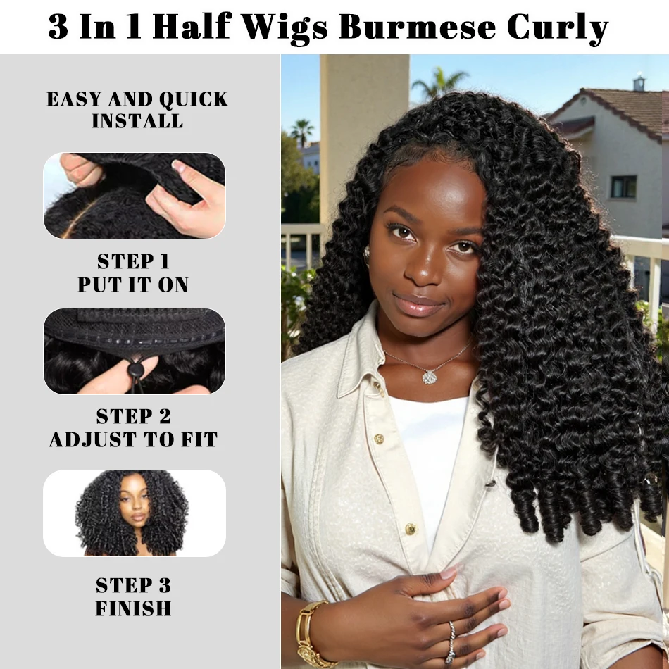 

Burmese Curly Half Wig Human Hair 260 Density Wear Go Glueless Wigs 3 In 1 Seamless Flip Over Drawstring Headband Wigs For Women