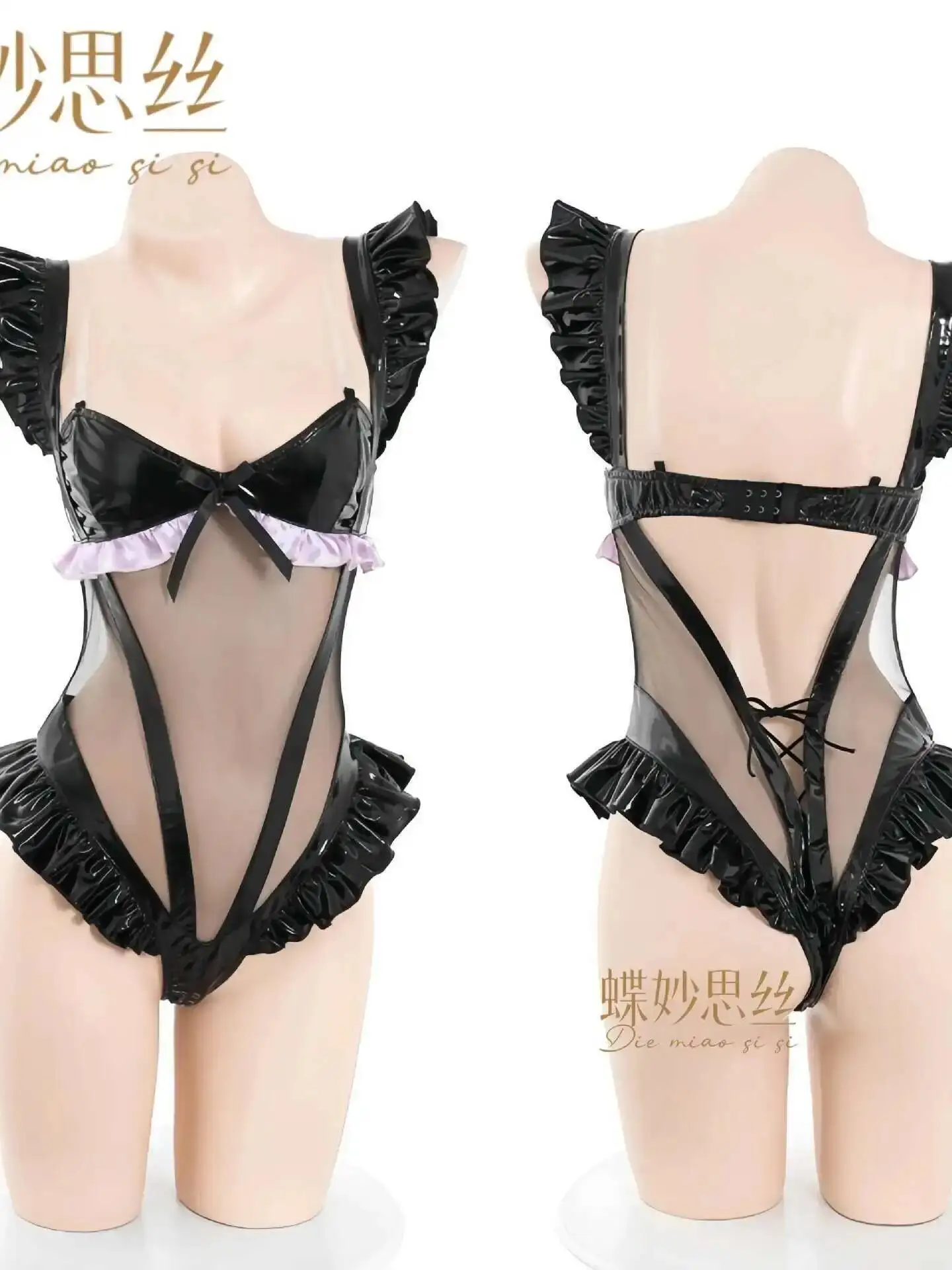 Schmetterling Sexy Uniform Versuchung Niedliche Schleife Schwarzes Leder Und Spitze Spleißen Bodys Nachtclub Charmant Ärmellos Dünn WW21