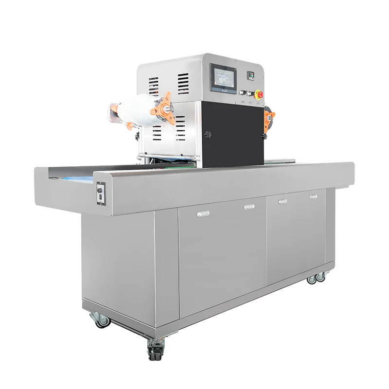 Full Automatic Tabletop Plastic Continues Tray Sealing Machine with Conveyor Electric Modified Atmosphere Heat Sealing Machine