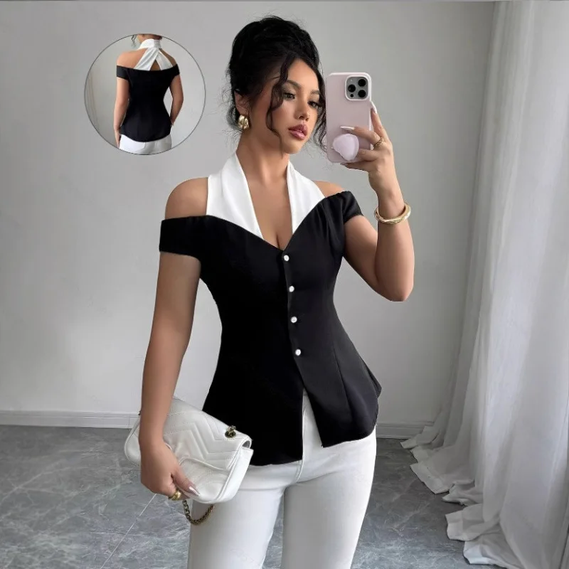 

Элегантная женская блузка с открытыми плечами, повседневная, приталенная, черно-белая, с цветовыми блоками, в современном стиле, с удлиненными рукавами, из шелка и хлопка