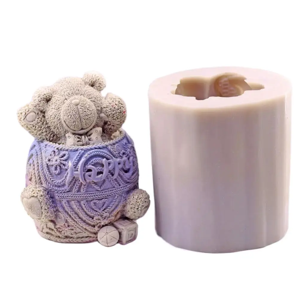 LXYY New Happy Baby Bear Silicone Mould Lovely 3D Cylindrical Weave Texture Bear Mold Gypsum Polymer  DIY Candy Soap Candle