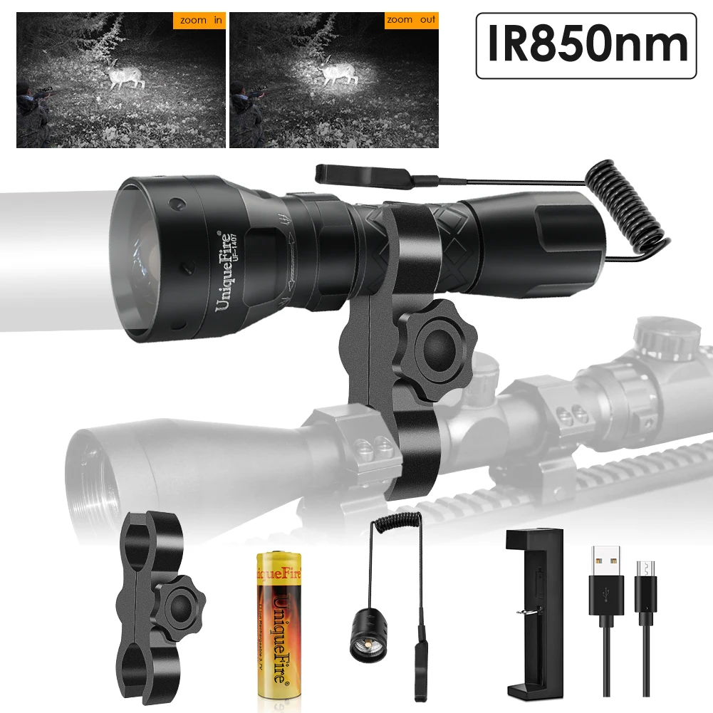 UniqueFire 1407 IR 850nm LED Flashlight Portable Tactical Waterproof Torch Night Vision Zoomable Full Set 3 Modes for Hunting