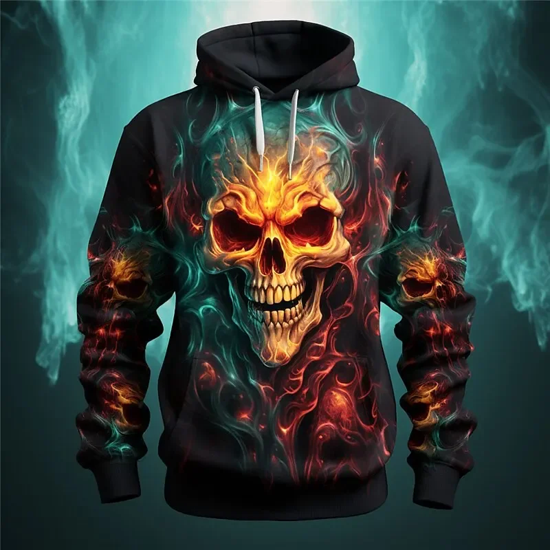 

3D Print Flame Skull Graphic Hoodies For Men New In Long Sleeve Pullovers Sweatshirt Clothes Mens Sports Outdoor Tracksuit Tops