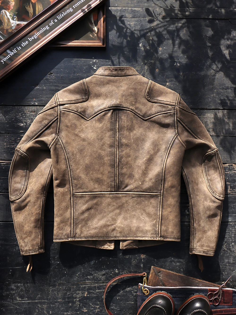 Tailor Brando American Retro Heavy Washed Distressed Full Grain Cowhide Venom Jacket Men's Short Leather Motorcycle Jacket