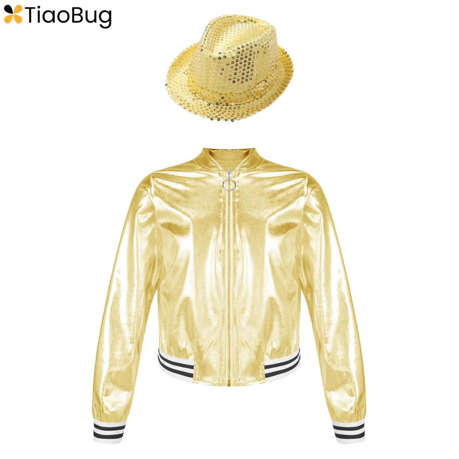 Kids Girls Metallic Bomber Jacket Coat Long Sleeve Zip Up Jazz Dance Top with Sequin Hat Disco Party Costume Children's Day