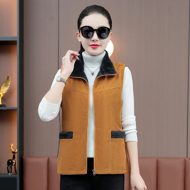 New Autumn Winter Fashion Stand Up Collar Versatile Corduroy Double-Sided Vest For Women With Plush And Thickened Warm Vest Coat