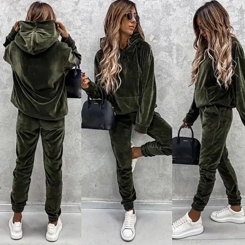 Spring Autumn Women\'s Clothing Sets Female Solid Color Velvet Pocket Hoodie + Sport Pants Trousers Women 2 Piece Set Outfit