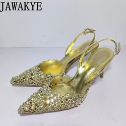 2024 letnie błyszczące buty z kryształkami Rhinestone cienkie sandały na wysokim obcasie damskie szpiczaste Toe szpilki seksowne wesele buty damskie