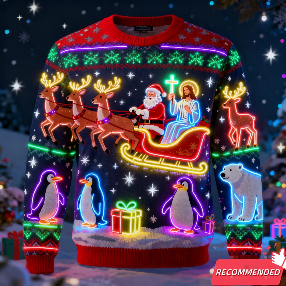 وهمية ضوء النيون ثلاثية الأبعاد مطبوعة القبيح عيد الميلاد سترة للنساء الرجال الملابس عيد ميلاد سعيد ثلج مضحك سانتا يسوع البلوفرات رياضية #3