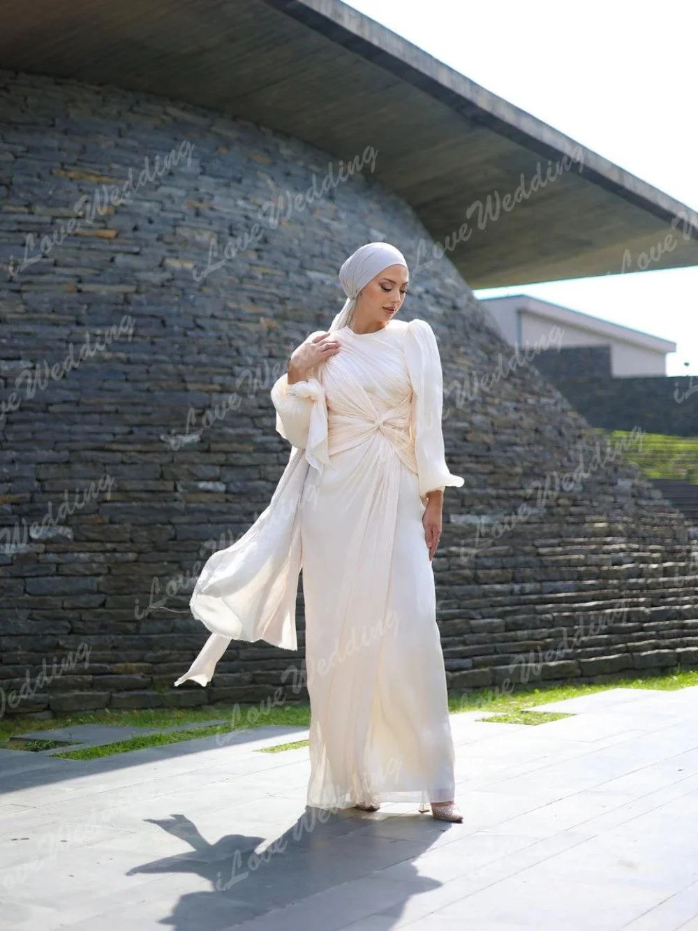 فستان حفلة موسيقية بأكمام واسعة وثنيات من الكريب 2025 بطول الكاحل مستقيم من فيستدوس دي فييستا بياقة إسلامية فساتين سهرة مخصصة