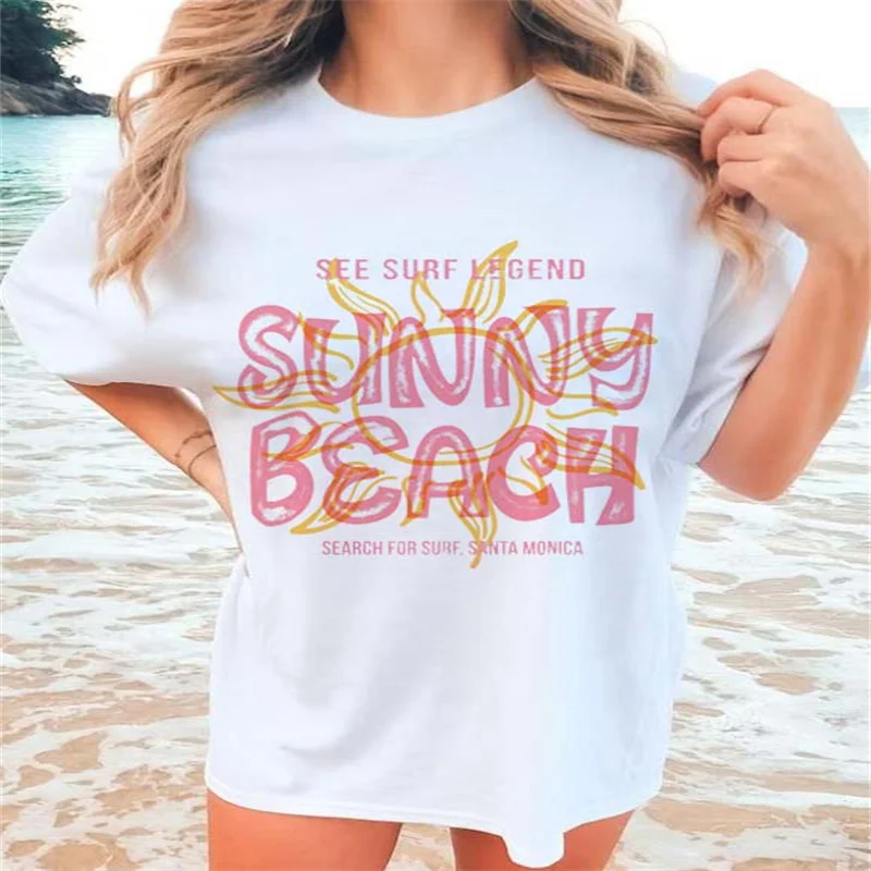 

Sweet and Fashionable Women's Unny Beach Under The Sun Pattern Clothing Women's Short Sleeved Printed Basic O-Neck Top T-Shirt.