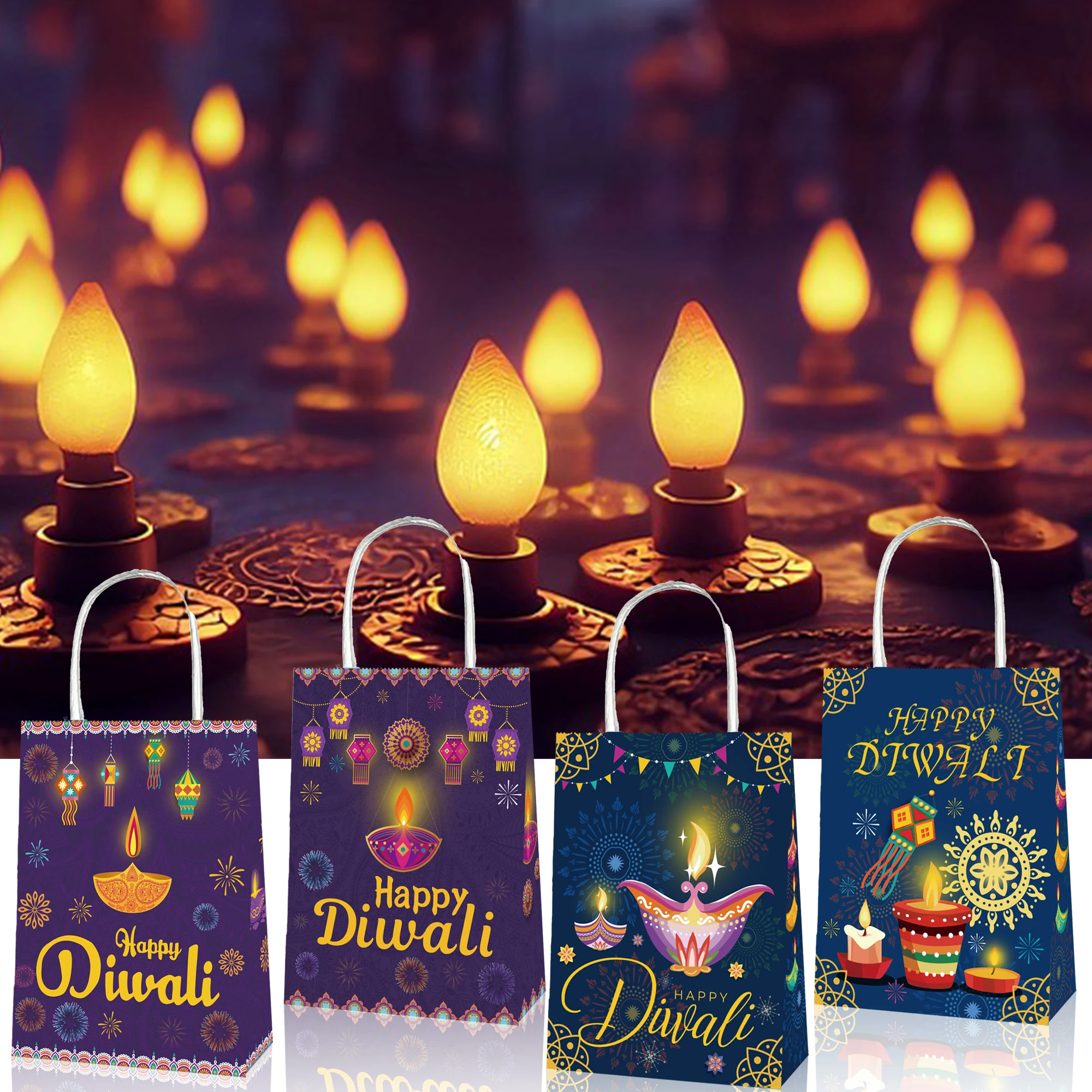 BD144 12Pcs Tote Paper Gift Bag for Indian Diwali Festival Kraft HandBags Theme Party Decoration Accessories