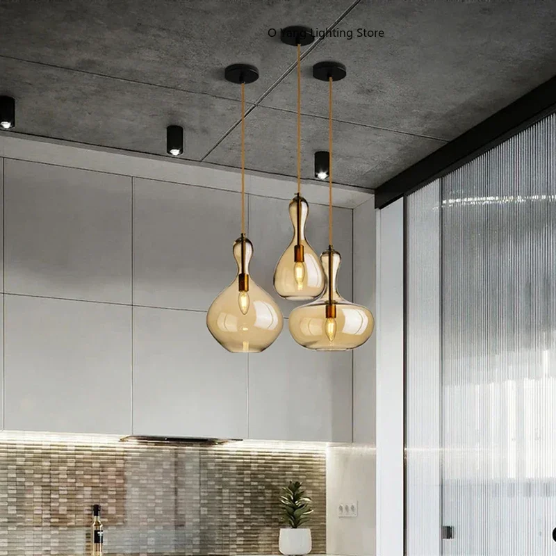 Nordic Amber Glass LED Pendant Lights for Living Room Dining Room Kitchen Island Bar Lighting Ceiling Hanging Lamp Light Fixture