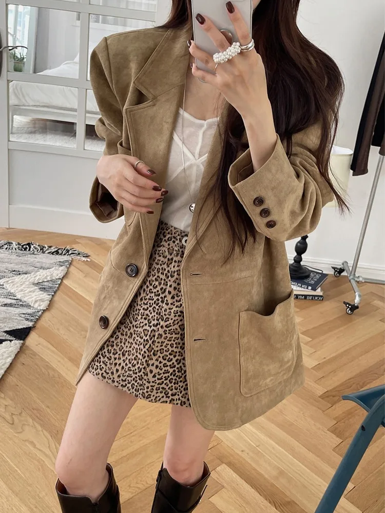 

Шикарная осенняя свободная посадка, повседневная замшевая куртка Double ket Long Sve Color, женская модная верхняя одежда для поездок на работу