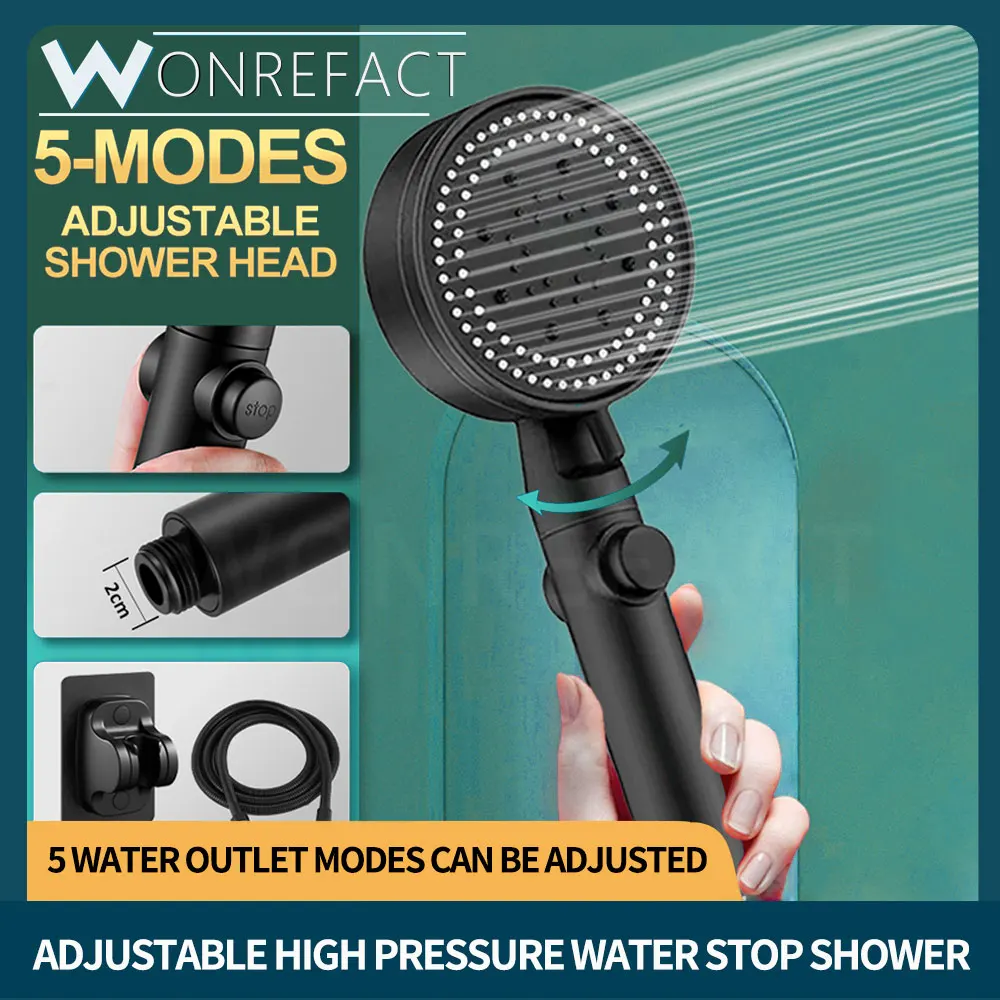 

Black Water Saving Shower Head 5 Modes Adjustable High Pressure Shower with One Button Water Stop Massage Handheld Shower Head