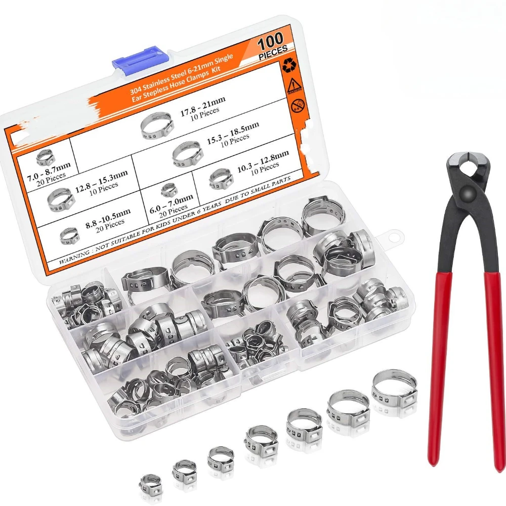 

100 Pieces 6-21mm 304 Stainless Steel Single Ear Stepless Hose Clamps With Pincers Kit