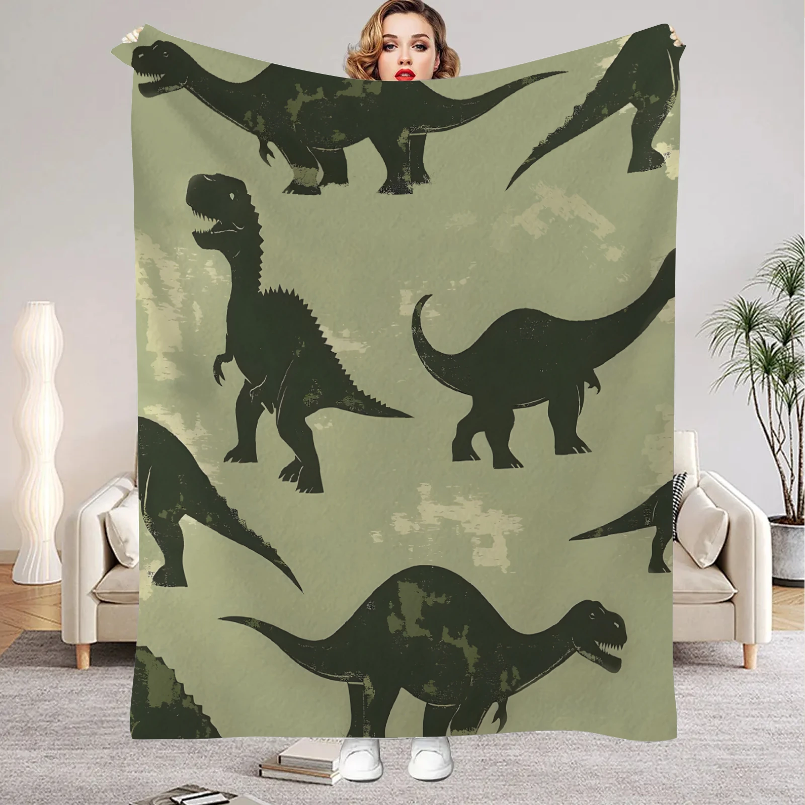 1pc Green Blanket Jurassic Dinosaurs Print Comfortable Flannel Blanket for Home Living Room Bedroom Decor Birthday Gift for Boys