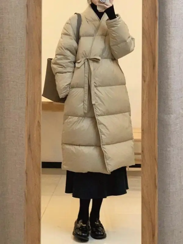 

Korean Sle Women's Thiened Long down Cotton Jaet Bread Sle Coat V-Ne Long Sve Winter Outerwear Faionable