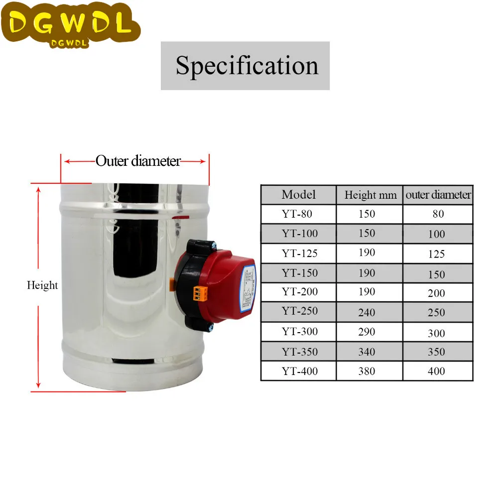OD51-250mm 201 válvula amortiguadora de conducto de aire eléctrico de acero inoxidable conducto HVAC amortiguador de aire motorizado actuador HVAC AC220V DC12/24V