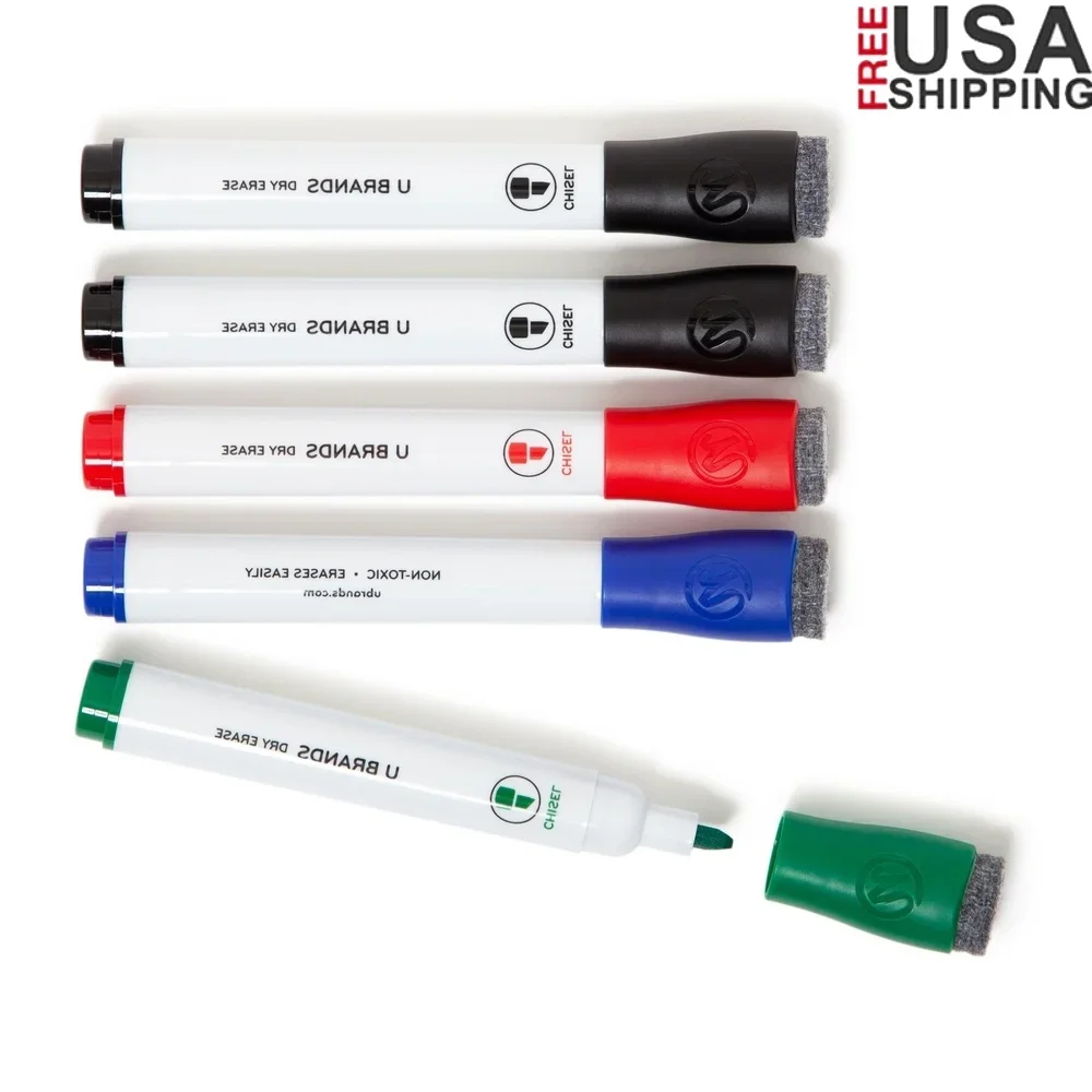 

Dry Erase Markers Set of 5 Low Odor Chisel Tip with Built in Erasers Quick Drying High Visibility Office School Home Use