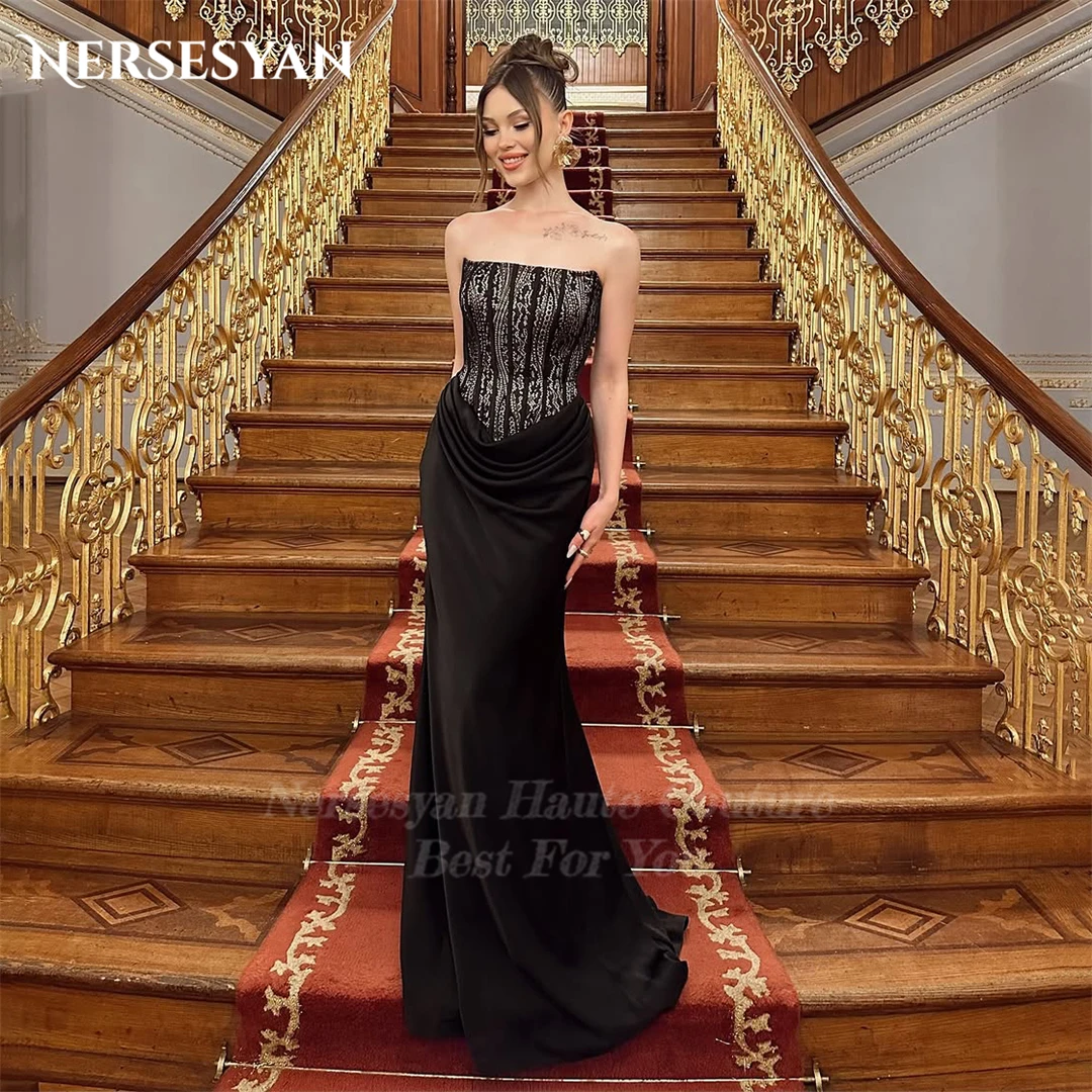 

Nersesyan Luxury Glitter Mermaid Black Evening Dresses Off Shoulder Sequins Formal Dress Pleats Bodycon Party Gown Customized