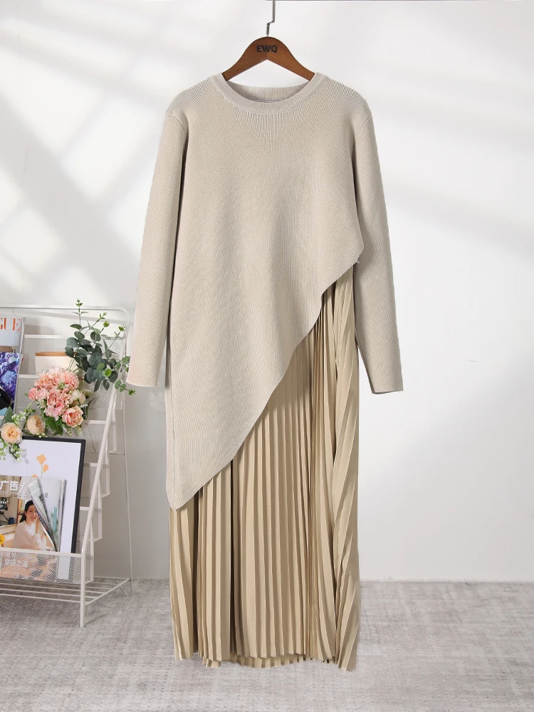 [EWQ] O Neck Long Sleeve Irregular Sweater+ Pleated Women Clothes Sling Dress Winter 2024 Autumn Beautiful 2 Piece Set 16U6067