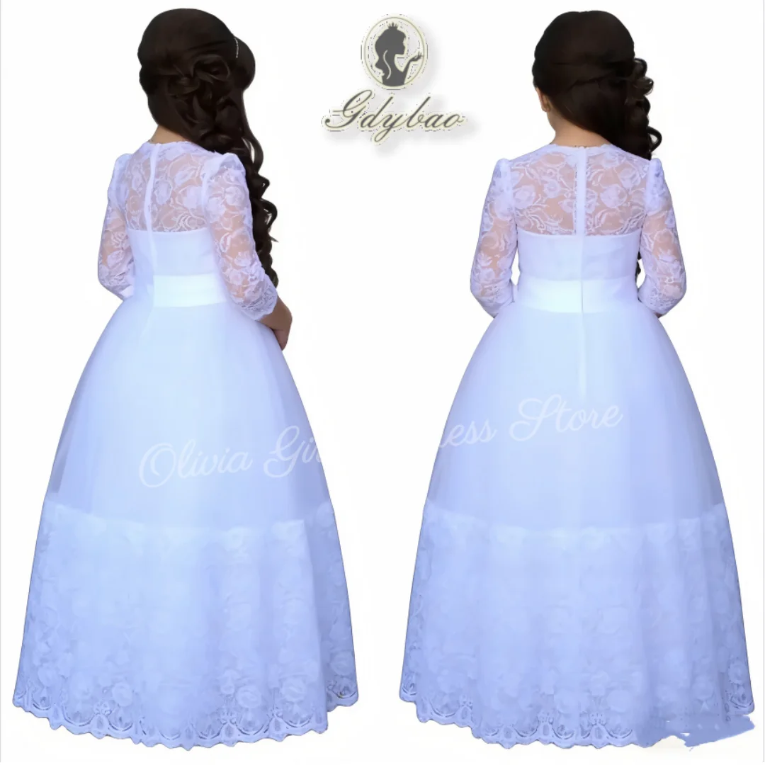 

Elegant long children's flower girl dress with 3/4 sleeves and appliques, suitable for weddings, parties, birthdays, and communi