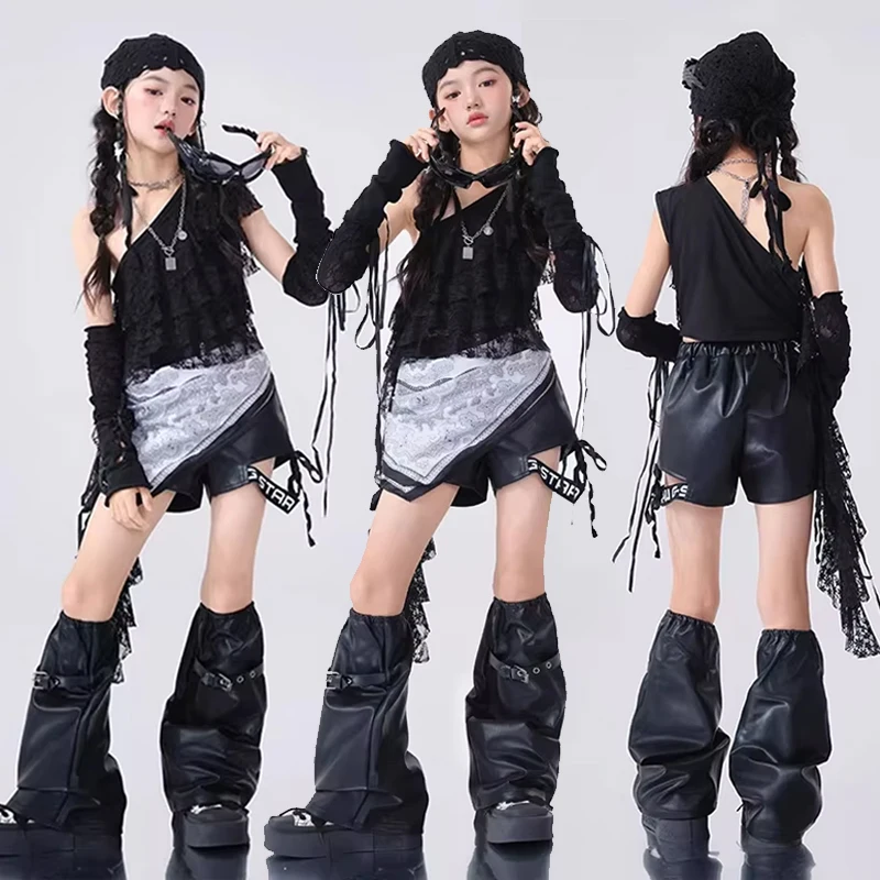 

2025 New Kpop Jazz Dance Costume Girls Trendy Suit Lace Top Black Shorts Modern Dance Performance Outfit Cool Streetwear AMY2165