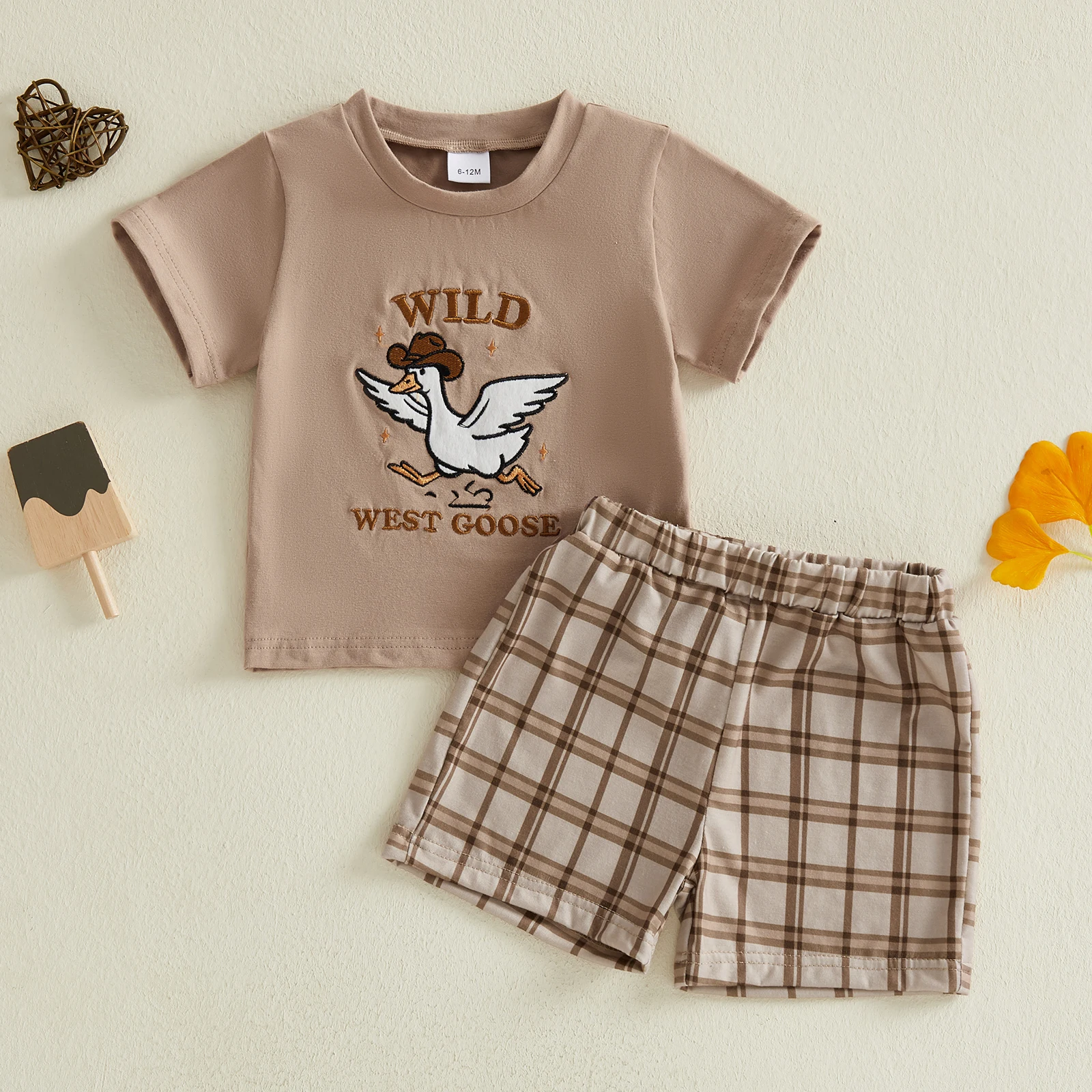 Summer Kids Toddler Baby Boys Outfits Short Sleeve Embroidery Tops Elastic Waist Plaid Shorts Clothes Set