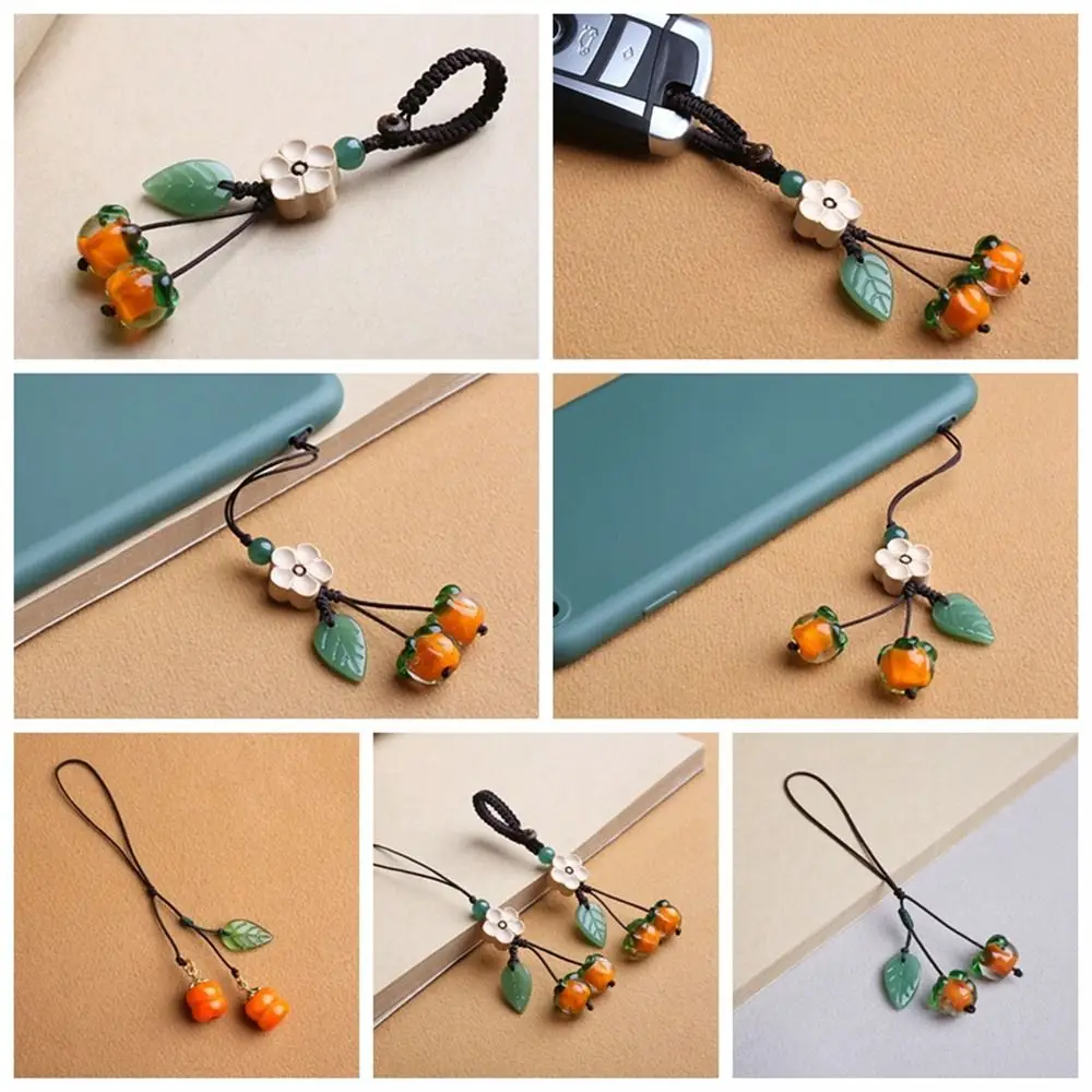 Car Keyring Coloured Glaze Mobile Phone Chain Persimmon Vintage Cellphone Pendant Fruit Orange Phone Lanyards Phone Hanging