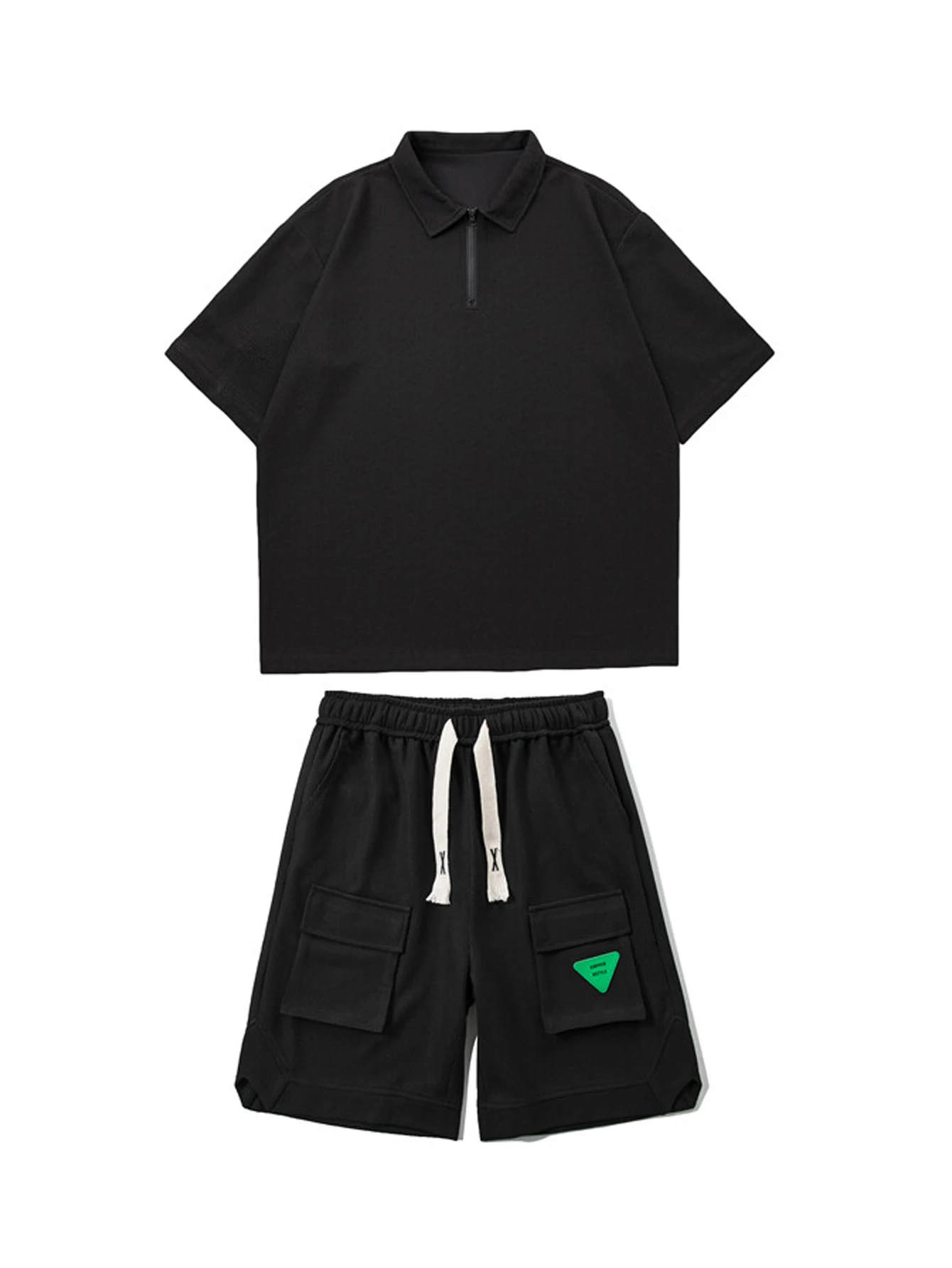 طقم خارجي كاجوال صيفي للرجال مكون من قطعتين، تي شيرت بأكمام قصيرة وياقة عصرية ومجموعة شورت جيب، مع رباط، مناسب