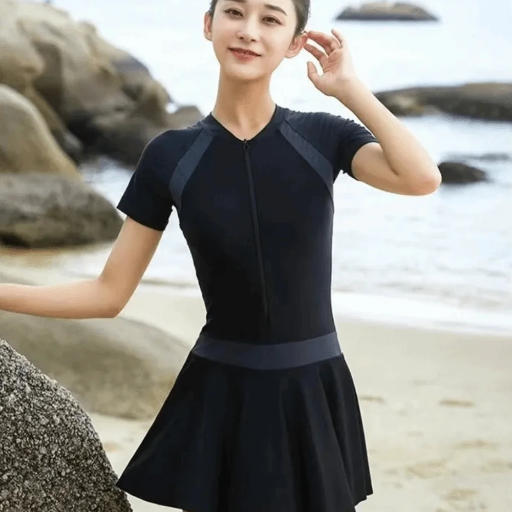 

Solid Color Long Sleeve Zipper Skirt Swimsuit with Padded Ins Hot Spring Swimwear Korean Style Sun Protection