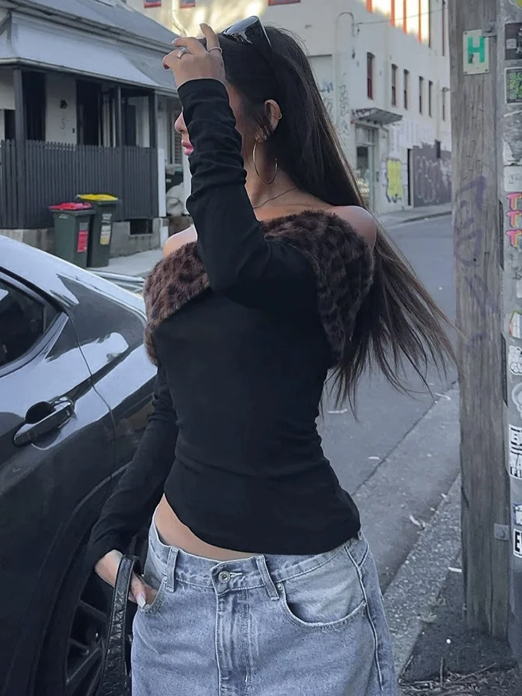 

Женская футболка Sisterlinda с разрезом на шее Y2K Hottie с леопардовым принтом, пушистая лоскутная футболка с длинными рукавами, эластичные обтягивающие базовые трендовые уличные футболки