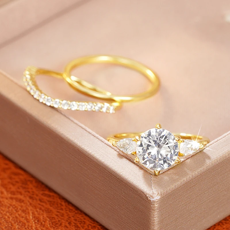 Huitan declaración 3 uds conjunto de anillos de circonia cúbica para mujer para fiesta de boda Color dorado temperamento anillos de dedo femeninos joyería de moda