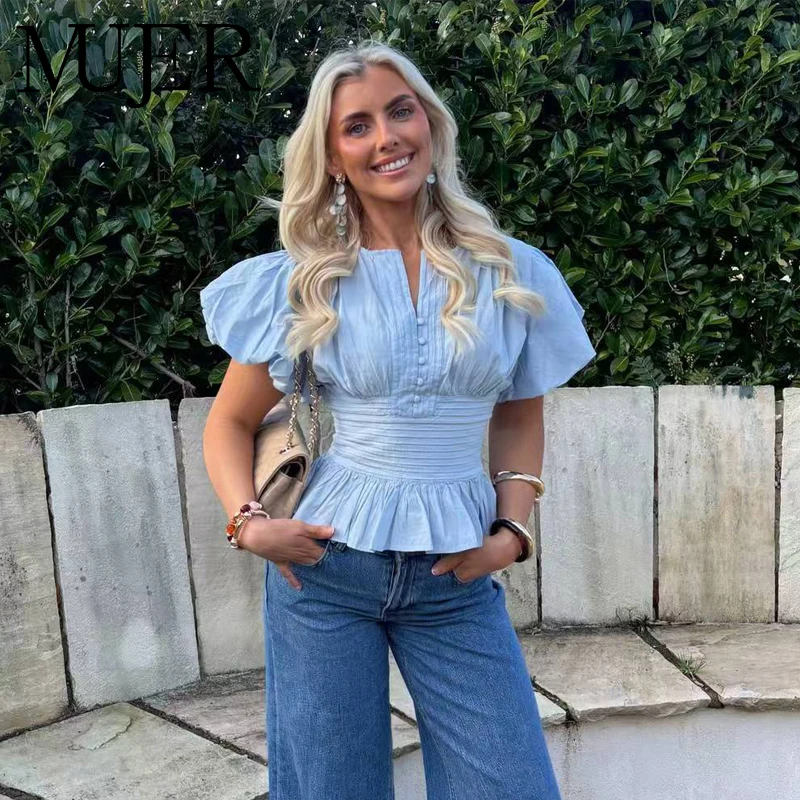 

ZHIO Blue Ruffle Blouses for Women Puff Sleeve Woman Blouses and Tops Summer Casual Crop Top Woman Fashion Woman Blouse 2026